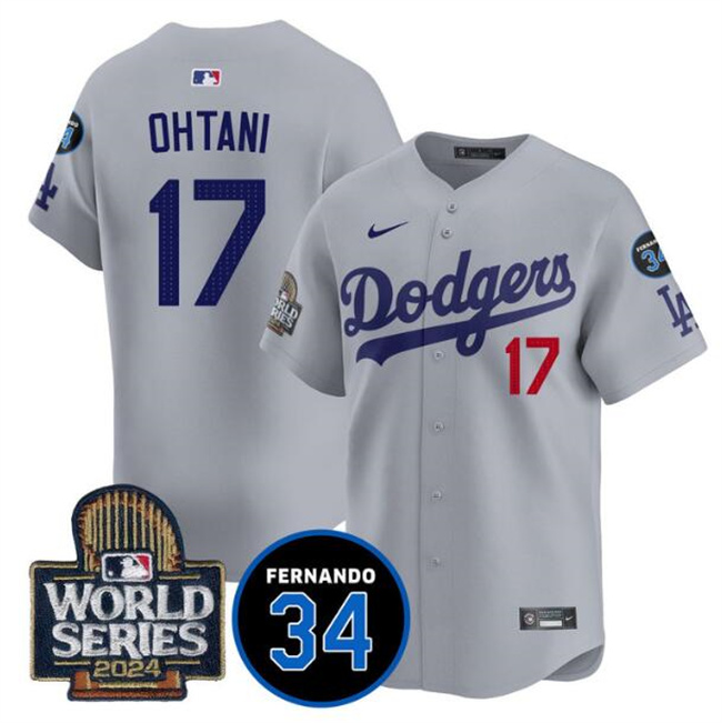 Women's Los Angeles Dodgers #17 Shohei Ohtani Grey 2024 World Series With Fernando Memorial Patch Limited Stitched Baseball Jersey(Run Small)